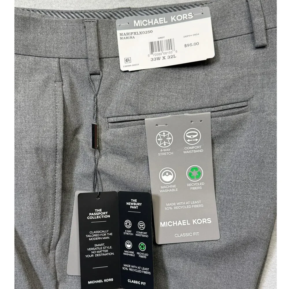 Michael Kors Men's Pleated Solid Classic Fit Pants Gray 33x32 $95